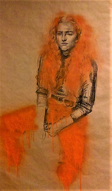 Cate in Orange crayon and spray pain portrait